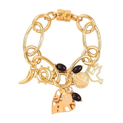 Pulseira Mística De Elos Com Ônix Banhado Em Ouro 18k 