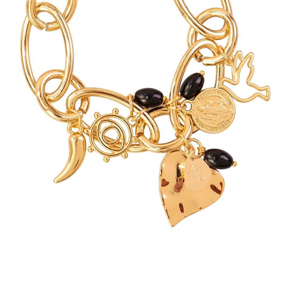 Pulseira Mística De Elos Com Ônix Banhado Em Ouro 18k 