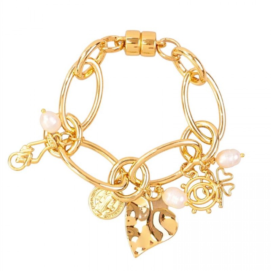 Pulseira Mística De Elos Com Pérola Banhado Em Ouro 18k