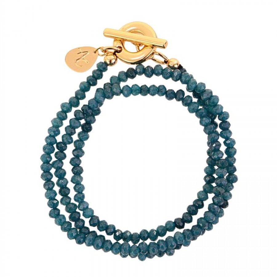 Pulseira 3 Voltas Jade Azurita Com Fecho T Banhado Em Ouro 18k 