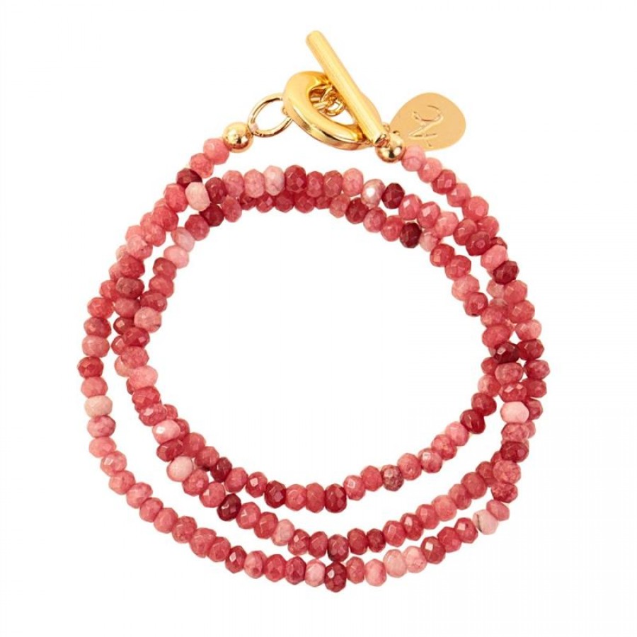Pulseira 3 Voltas Jade Cereja Com Fecho T Banhado Em Ouro 18k 