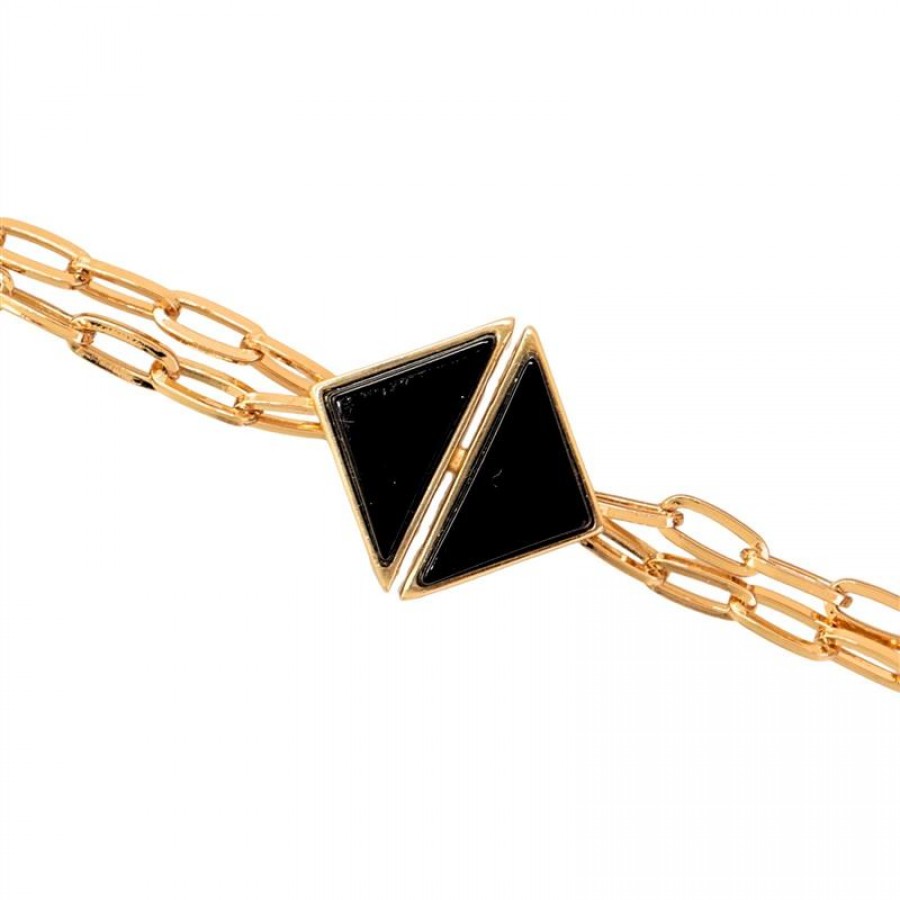 Pulseira Elos Duplo Triângulo Com Obsidiana Negra E Fecho De Imã