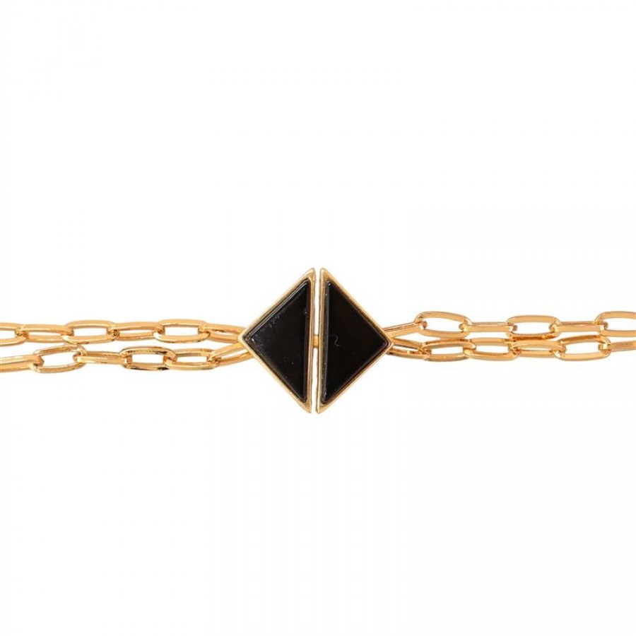 Pulseira Elos Duplo Triângulo Com Obsidiana Negra E Fecho De Imã