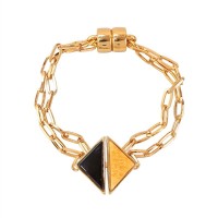 Pulseira Elos Duplo Triângulo Jade Mostarda Com Obsidiana Negra E Fecho De Imã