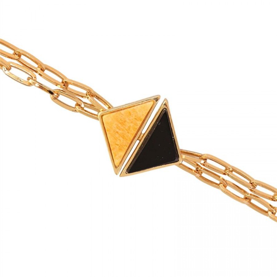 Pulseira Elos Duplo Triângulo Jade Mostarda Com Obsidiana Negra E Fecho De Imã