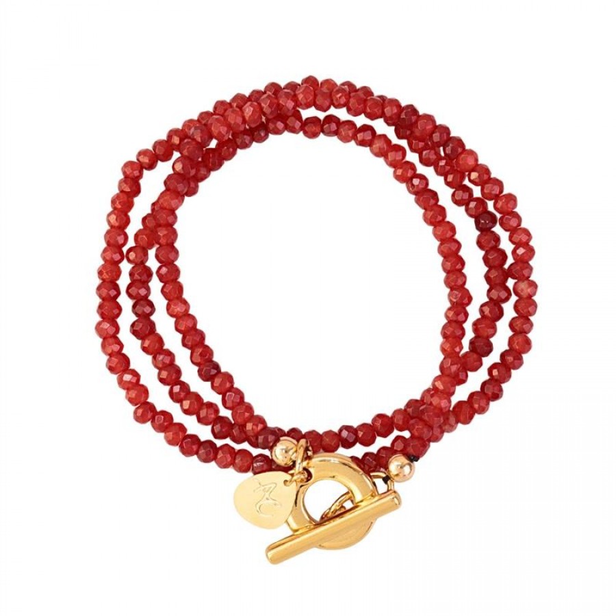 Pulseira 3 Voltas Jade Vermelho Com Fecho T Banhado Em Ouro 18k