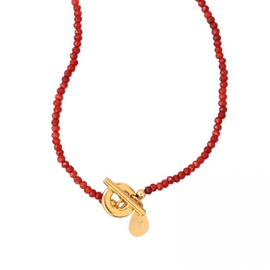 Pulseira 3 Voltas Jade Vermelho Com Fecho T Banhado Em Ouro 18k
