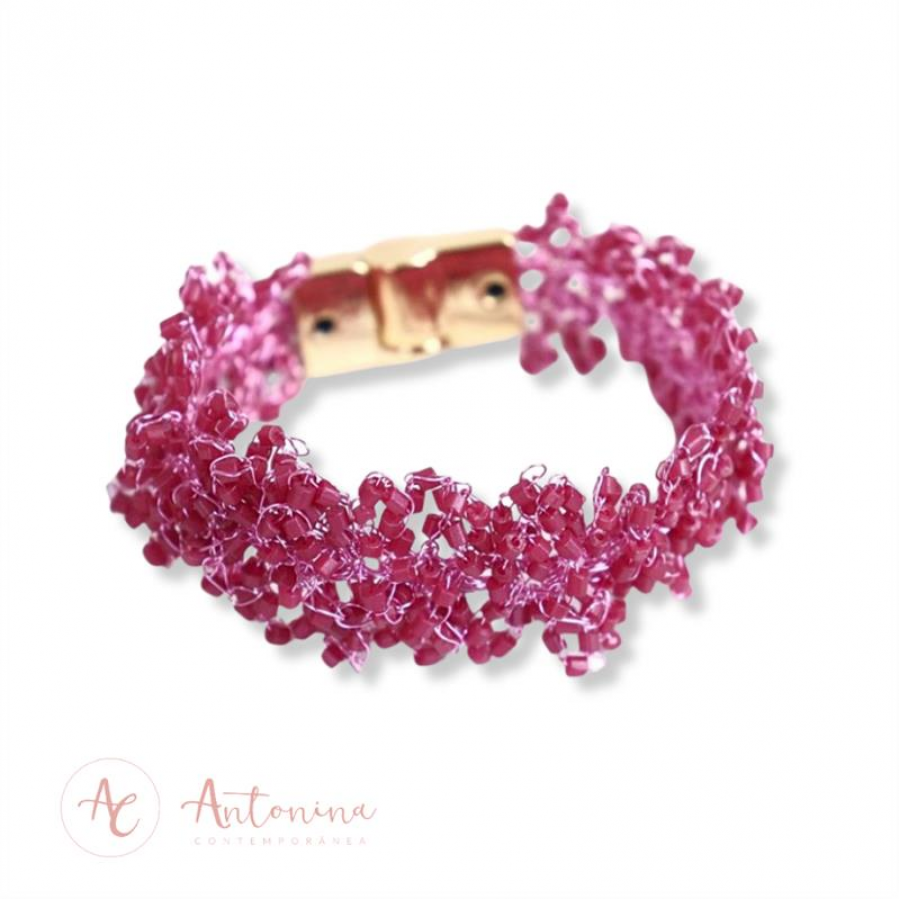 Pulseira Cravo Crochê Pink Framboesa Banhado Em Ouro 18k