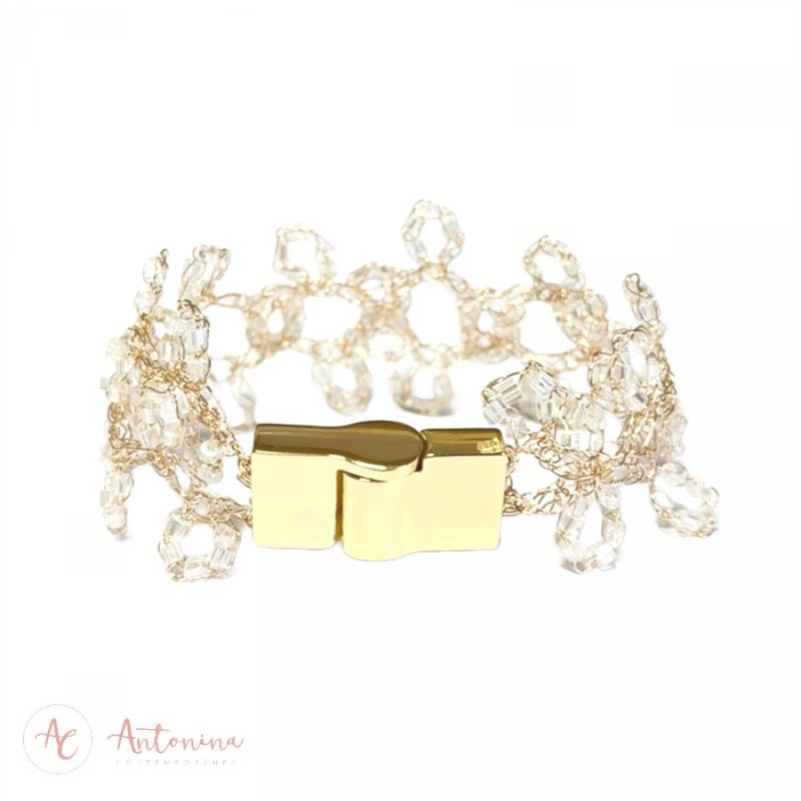 Pulseira Marina Slim Cristal Translúcido Banhado Em Ouro 18k