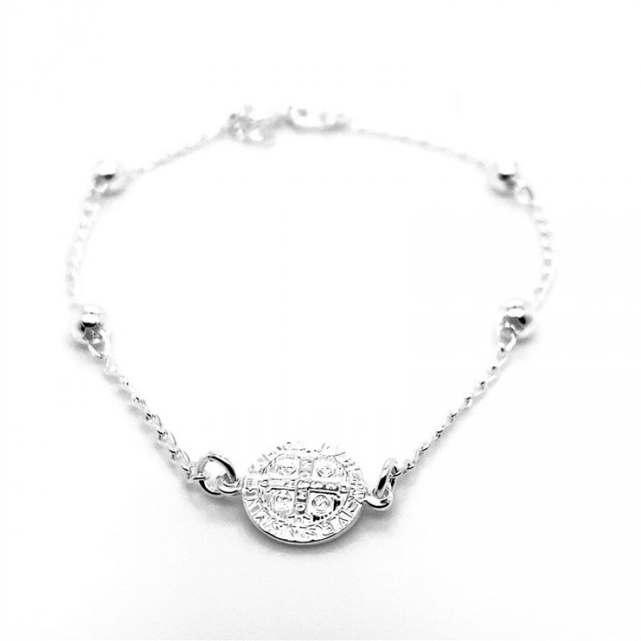 Pulseira Medalha E Bolinhas Prata 925