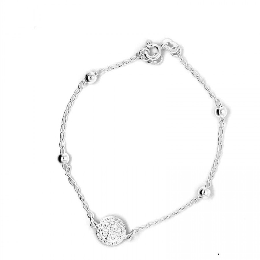 Pulseira Medalha E Bolinhas Prata 925