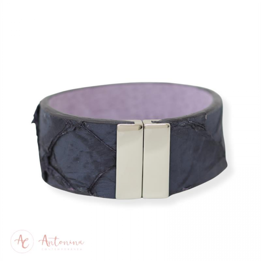 Pulseira De Pirarucu Violeta Banhado Em Ródio