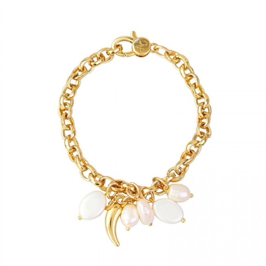 Pulseira Elos Pingente De Pérola Com Pimenta Banhado Em Ouro 18k