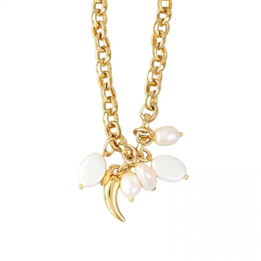 Pulseira Elos Pingente De Pérola Com Pimenta Banhado Em Ouro 18k