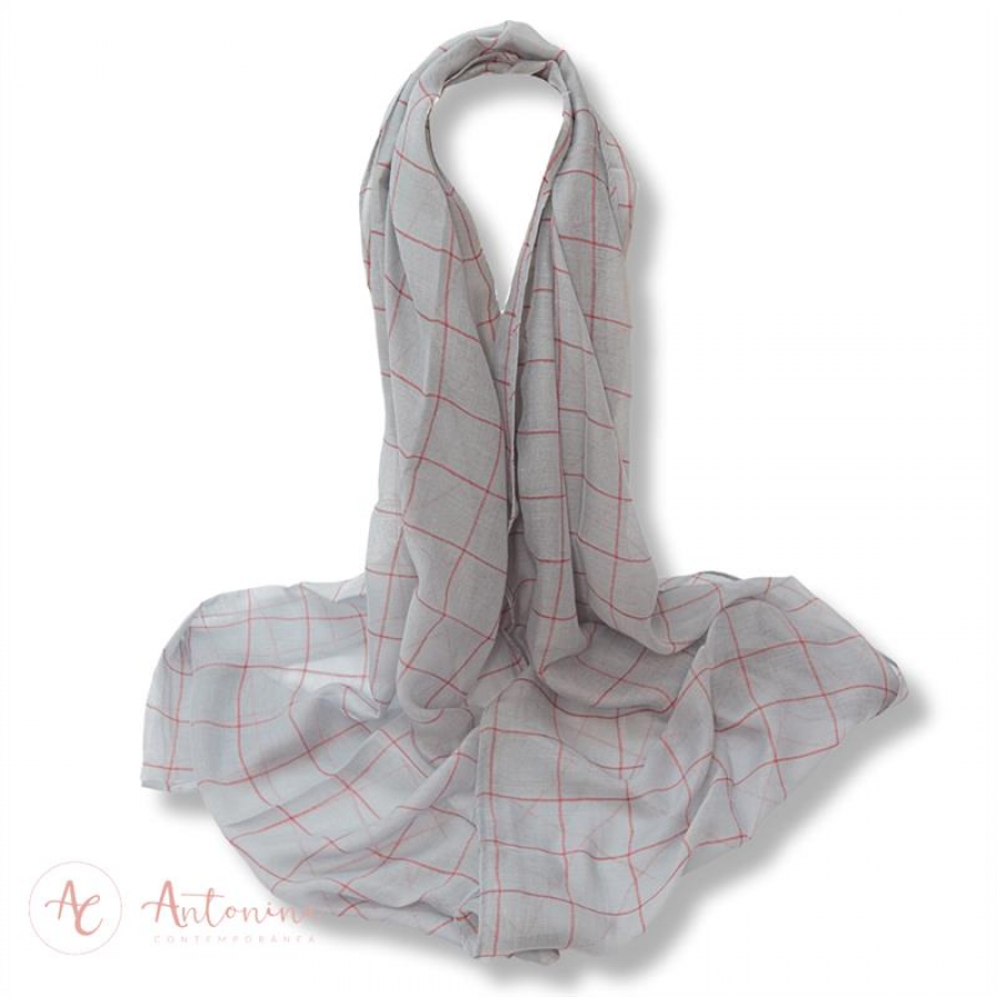 Echarpe De Viscose Quadrado Cinza Com Vermelho