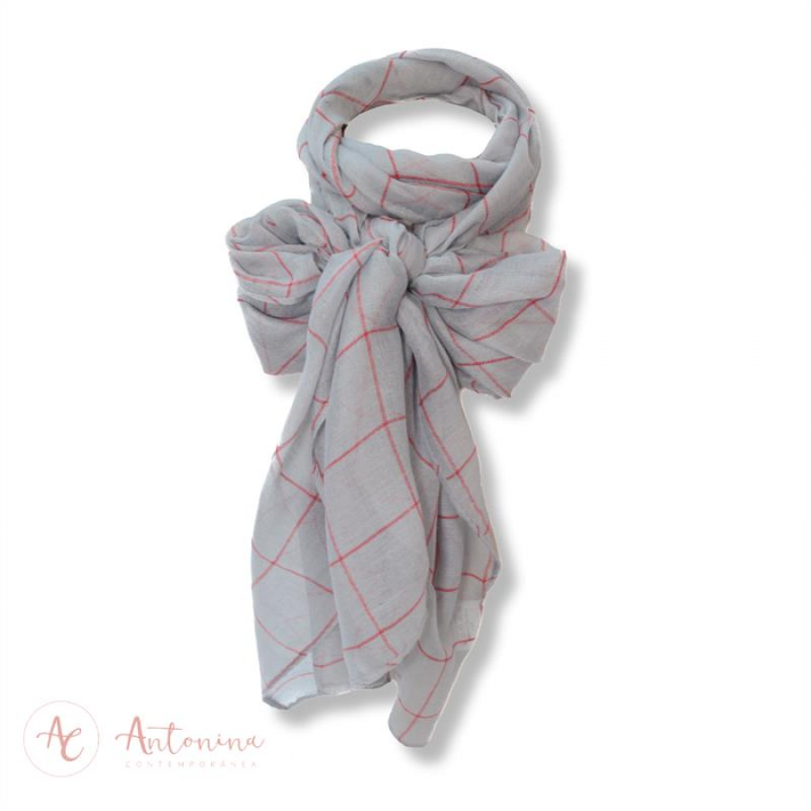 Echarpe De Viscose Quadrado Cinza Com Vermelho