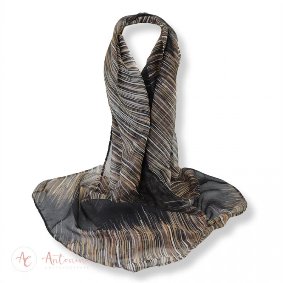 Echarpe Listras Preta, Mostarda E Branco