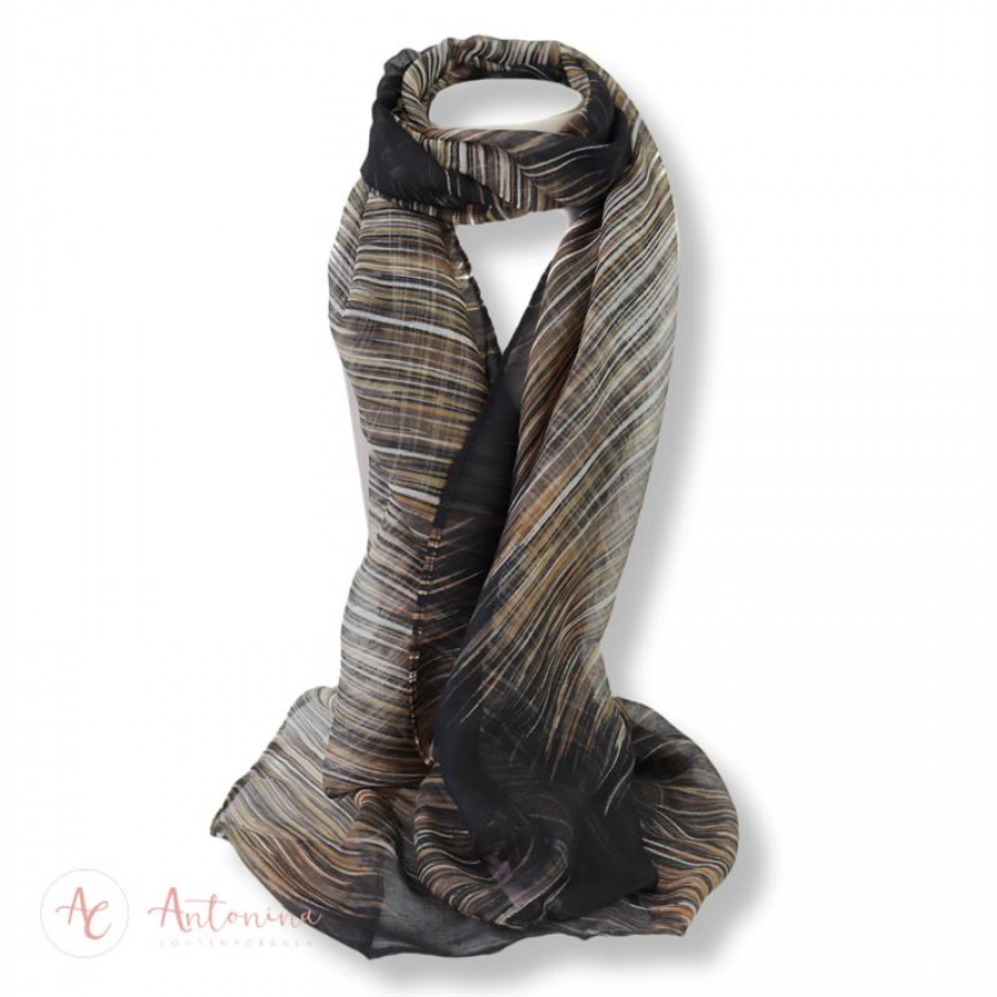 Echarpe Listras Preta, Mostarda E Branco