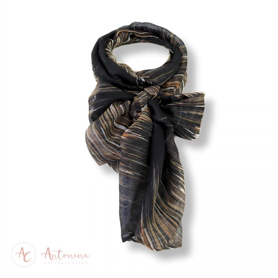 Echarpe Listras Preta, Mostarda E Branco