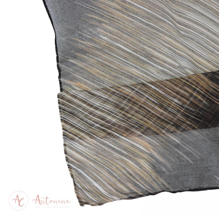 Echarpe Listras Preta, Mostarda E Branco