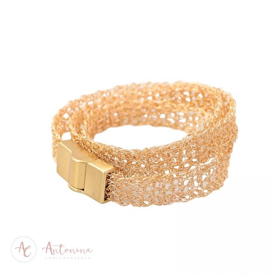 Bracelete Entrelaçado De Crochê Banhado Em Ouro 18k