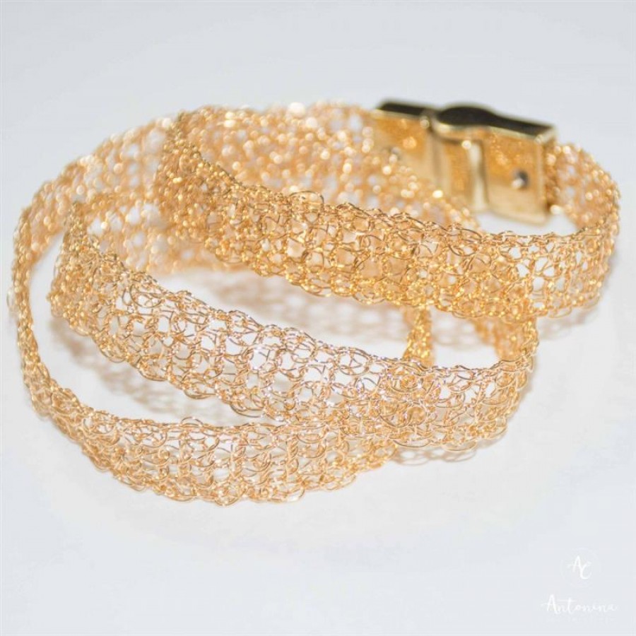 Bracelete Entrelaçado De Crochê Banhado Em Ouro 18k