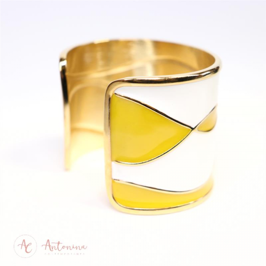 Bracelete Esmaltado Branco E Mostarda