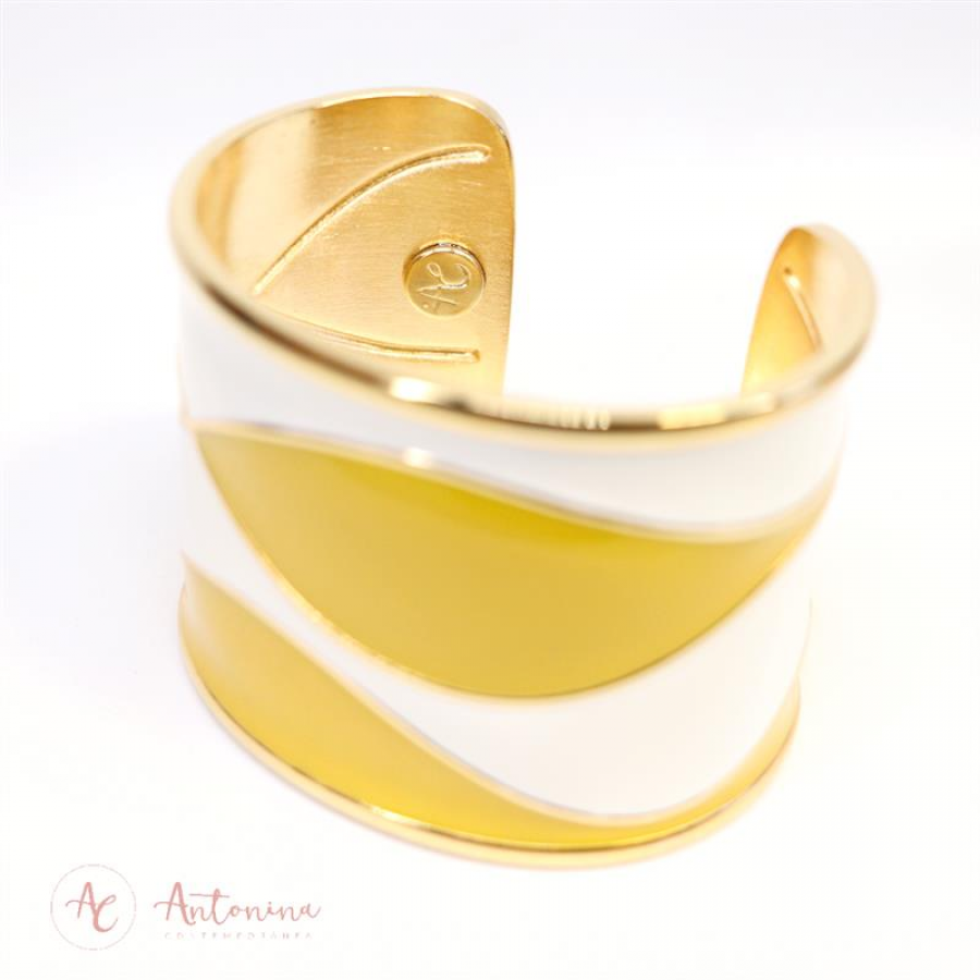 Bracelete Esmaltado Branco E Mostarda