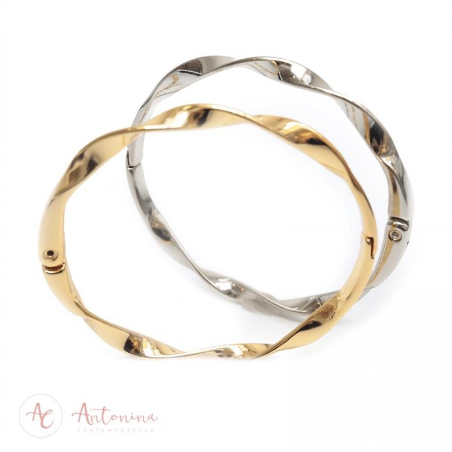 Bracelete Rígido Torcido Banhado Em Ouro 18k