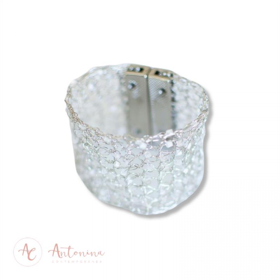 Bracelete Entrelaço Cristal Translúcido Banhado Em Ródio