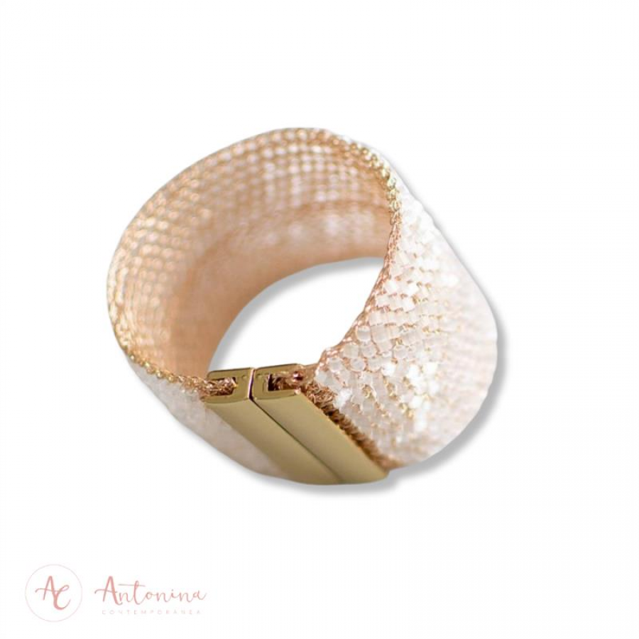 Bracelete Bordado Branco Dourado Banhado Em Ouro 18k