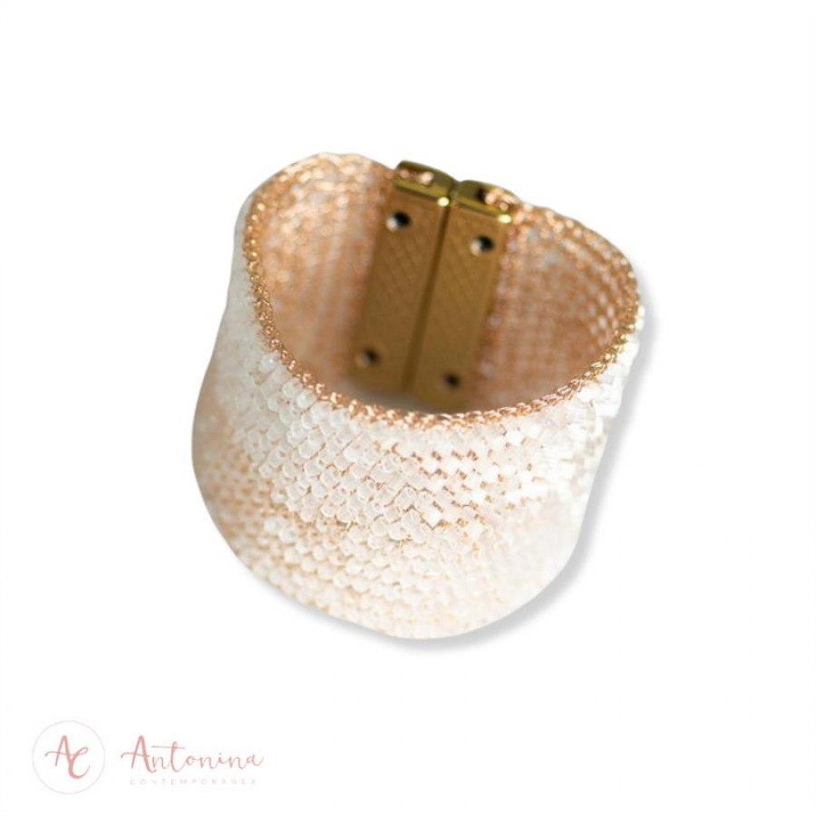 Bracelete Bordado Branco Dourado Banhado Em Ouro 18k