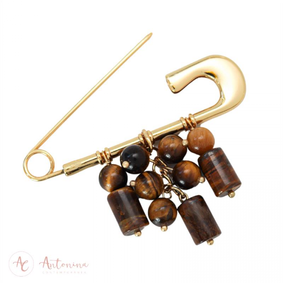 Broche Olho De Tigre Banhado Em Ouro 18k