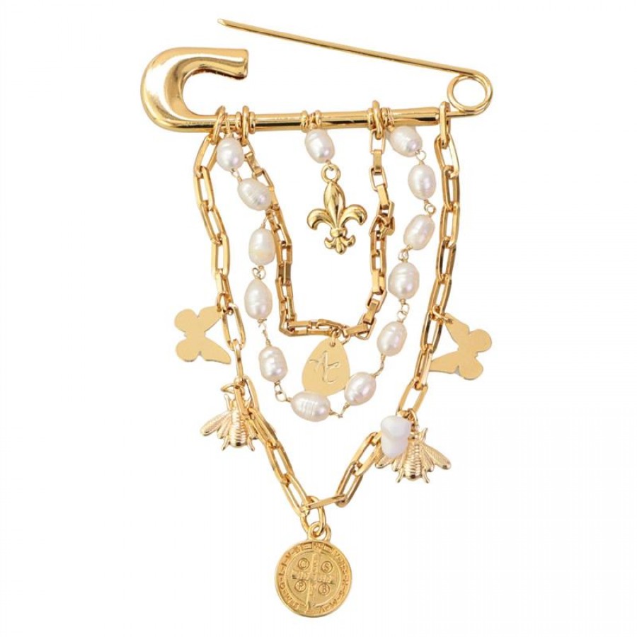 Broche De Pérola Branca Banhado Em Ouro 18k