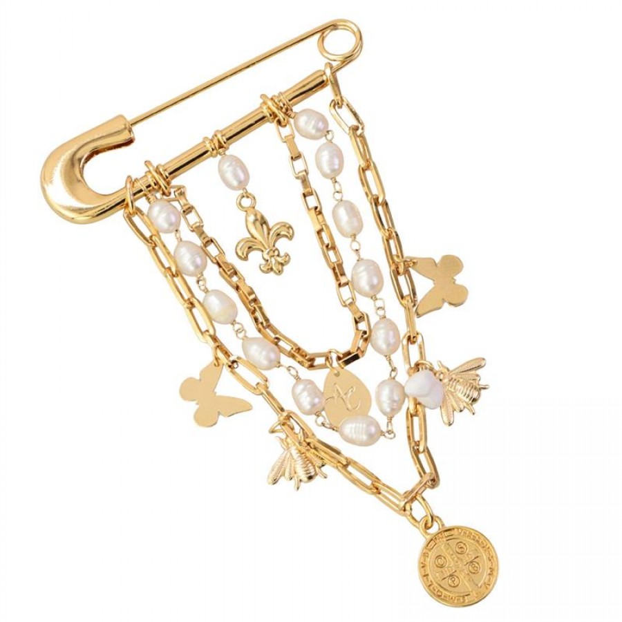 Broche De Pérola Branca Banhado Em Ouro 18k