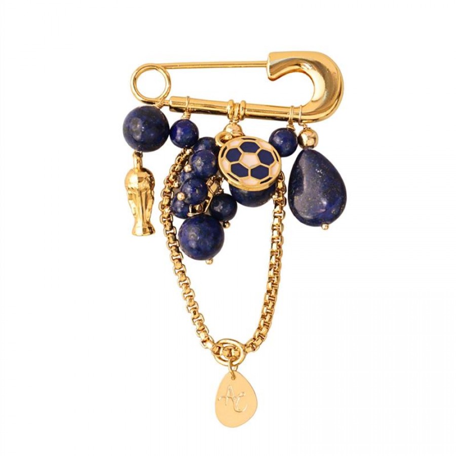 Broche Com Pingente Lápis Lazúli E Sodalita  Banhado Em Ouro 18k