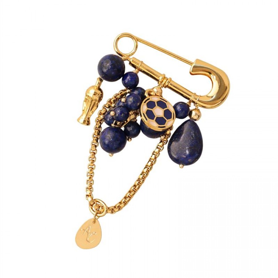 Broche Com Pingente Lápis Lazúli E Sodalita  Banhado Em Ouro 18k
