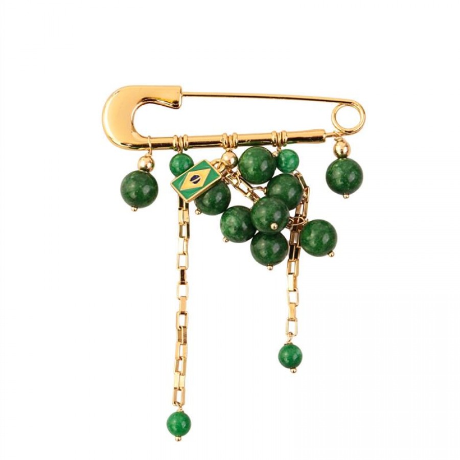 Broche Com Pingente Jade Esmeralda Banhado Em Ouro 18k