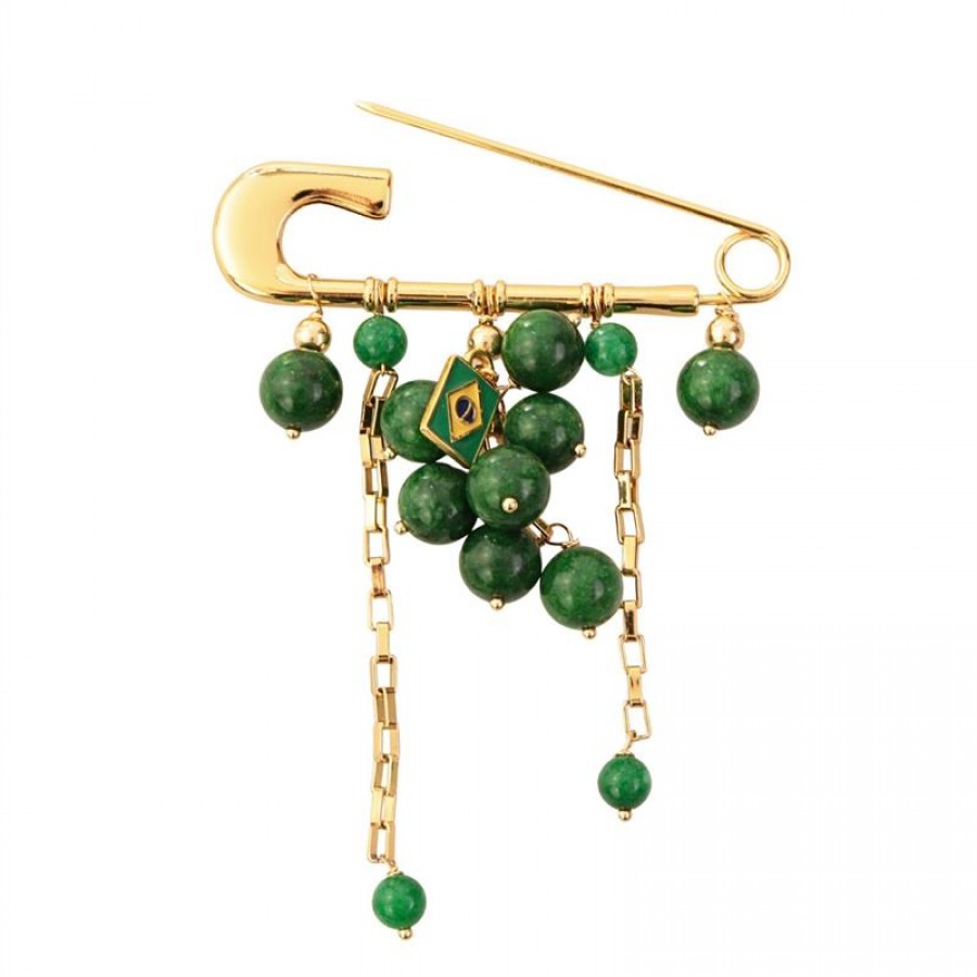 Broche Com Pingente Jade Esmeralda Banhado Em Ouro 18k